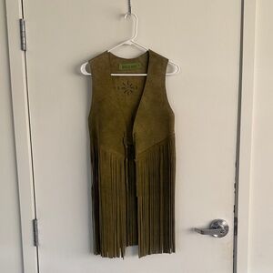 Vintage, Handmade Suede Olive Green Fringe Vest - Festival Season Western Wear
